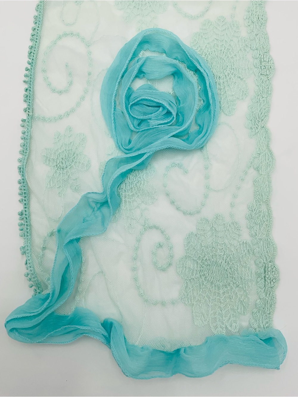2 CHIC Light Aqua Floral Lace Scarf with Ribbon Rose Accent - Picture 3 of 7